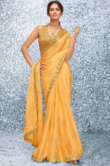 Yellow Satin Abstract Embellished Bagh Saree