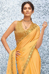 Yellow Satin Abstract Embellished Bagh Saree