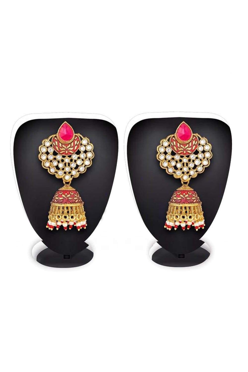 Women's Alloy Jhumka Earrings in Gold and Red