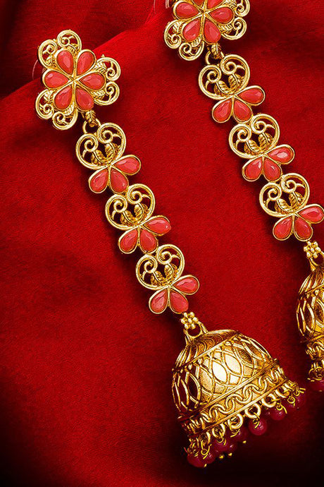 Shop Alloy Jhumka Earrings For Women's  in Gold and Pink At KarmaPlace