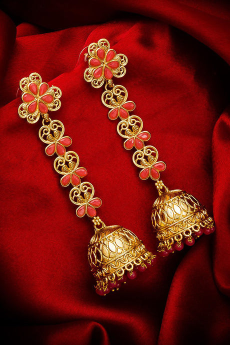 Buy Women's Alloy Jhumka Earrings in Gold and Pink Online