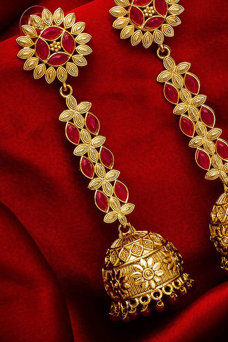 Shop Alloy Jhumka Earrings For Women's in Gold and Red At KarmaPlace