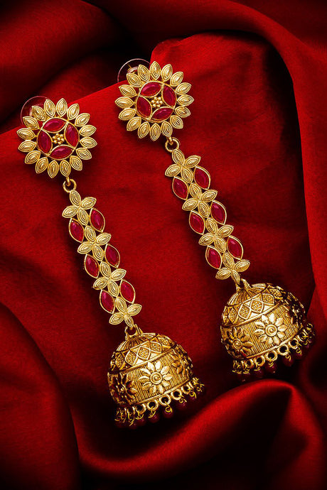 Buy Women's Alloy Jhumka Earrings in Gold and Red Online