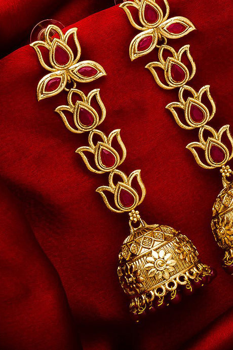 Women's Alloy Jhumka Earrings in Gold and Red