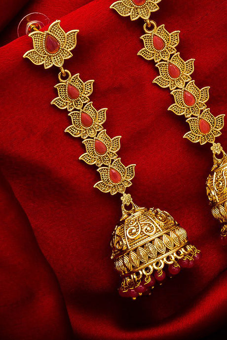Women's Alloy Jhumka Earrings in Gold and Pink