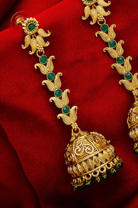 Women's Alloy Jhumka Earrings in Gold and Green