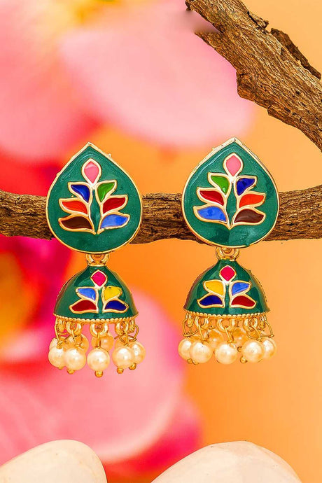 Buy Women's Alloy Jhumka Earrings in Gold and Green