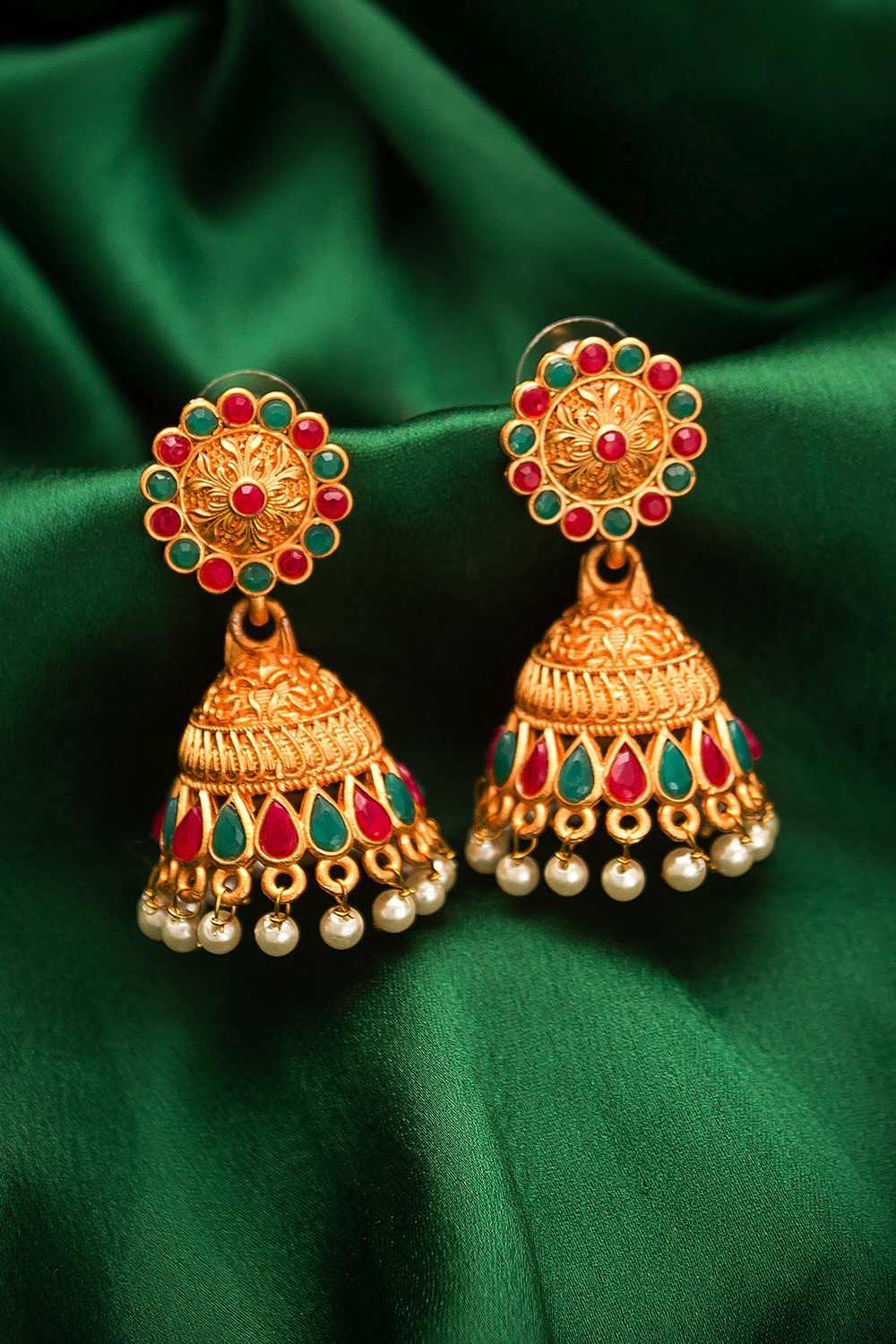 Buy Women's Alloy Jhumka Earrings in Red and Green