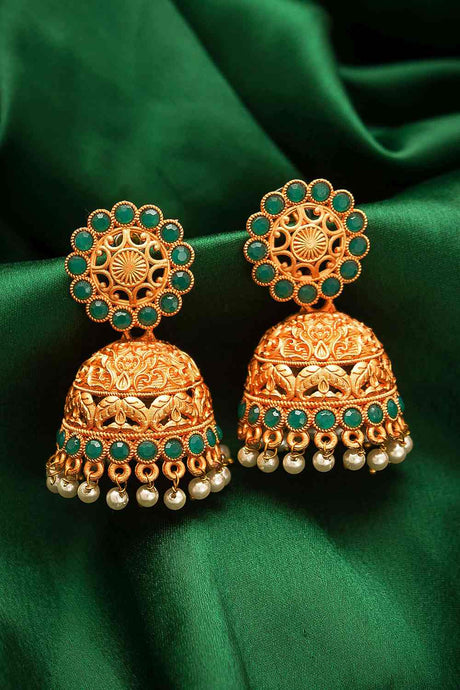 Buy Women's Alloy Jhumka Earrings in Gold and Green