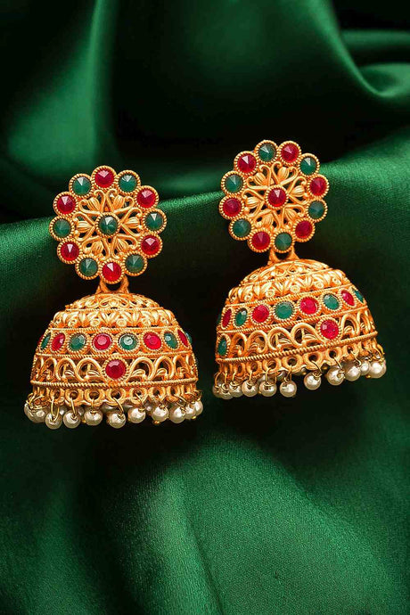 Buy Women's Alloy Jhumka Earrings in Red and Green