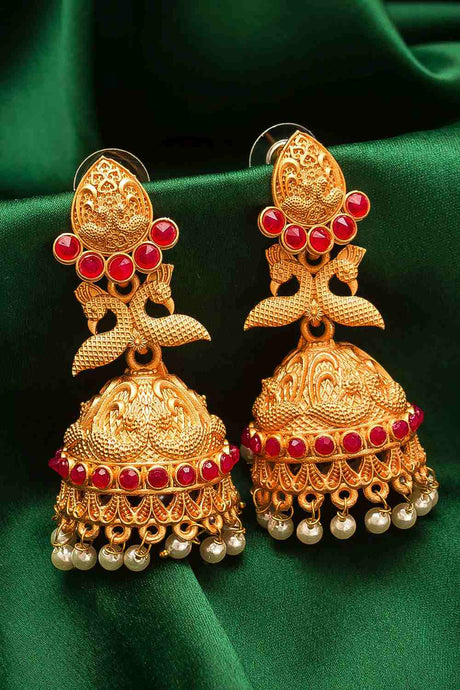 Buy Women's Alloy Jhumka Earrings in Gold and Red