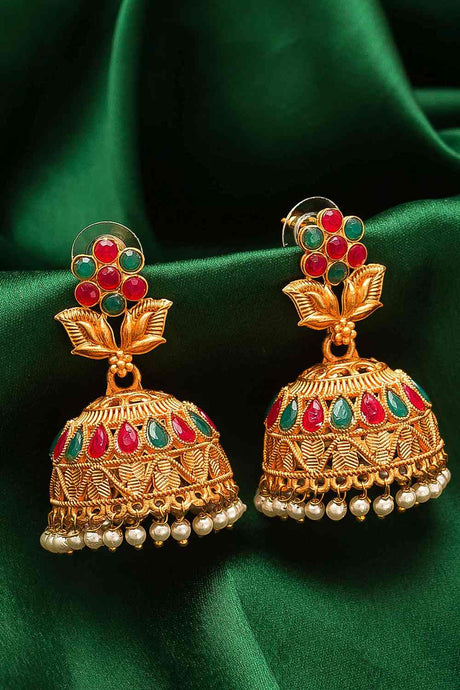 Buy Women's Alloy Jhumka Earrings in Red and Green