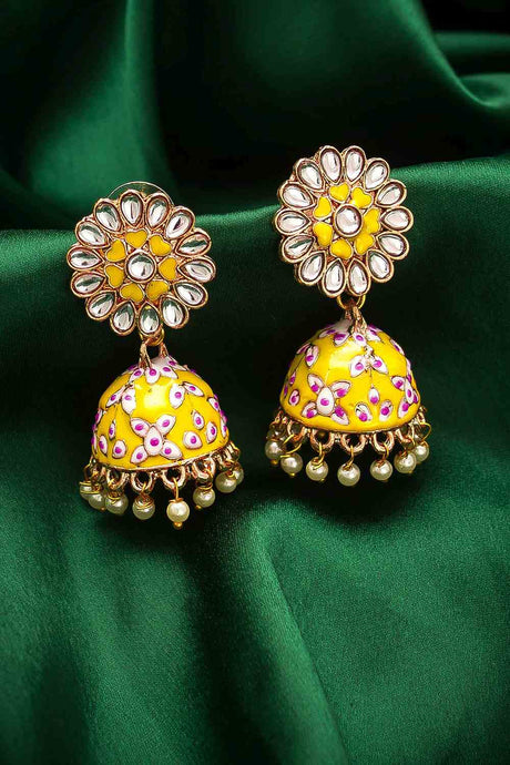Buy Women's Alloy Jhumka Earrings in Gold and Yellow