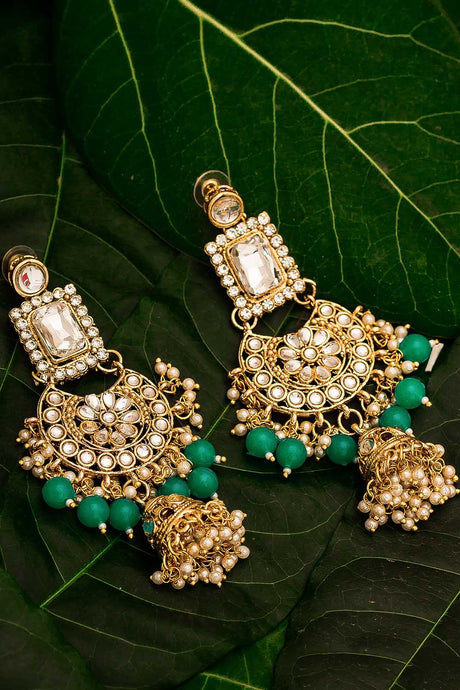 Buy Women's Alloy Jhumka Earrings in Gold and Green