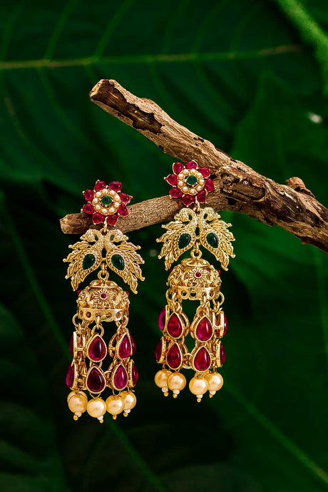 Buy Women's Alloy Jhumka Earrings in Gold and Pink