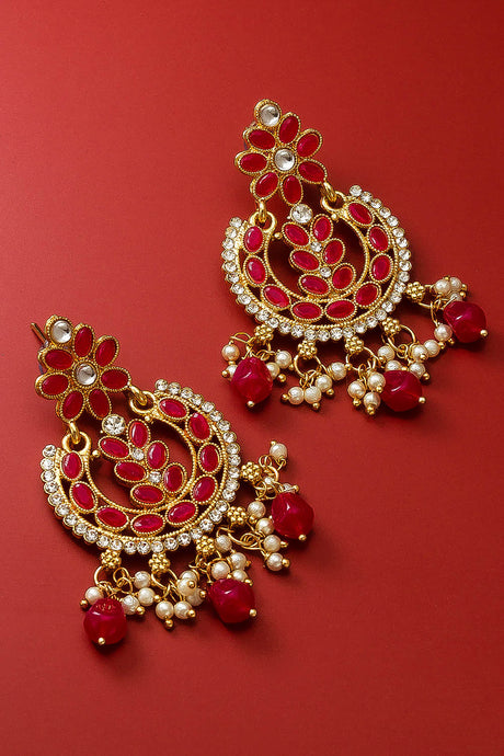 Buy Women's Alloy Chandbali Earrings in Gold and Red