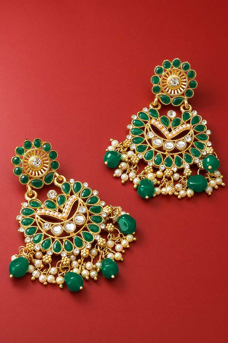 Buy Women's Alloy Chandbali Earrings in Gold and Green