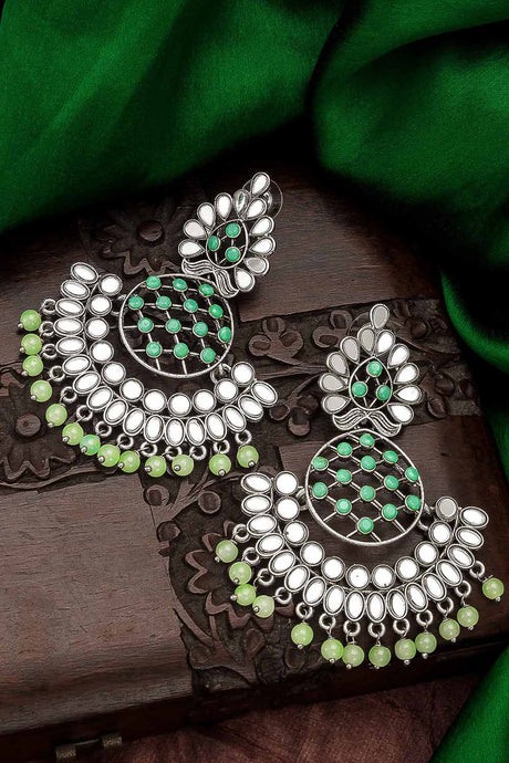 Buy Women's Oxidized Large Dangle Earrings In Silver And Green