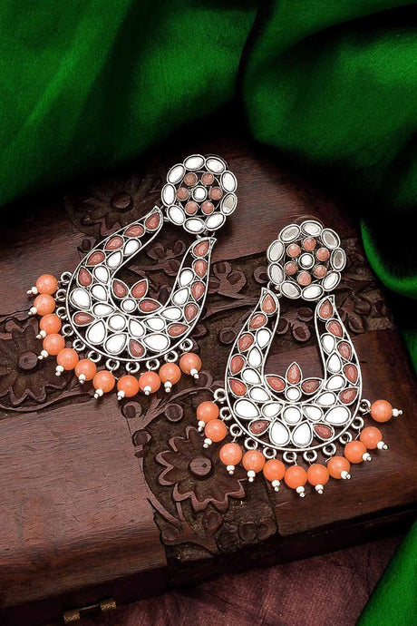 Buy Women's Oxidized Large Dangle Earrings In Silver And Peach
