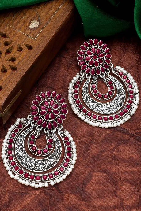 Buy Women's Oxidized Chandbali Earrings in Silver and Maroon