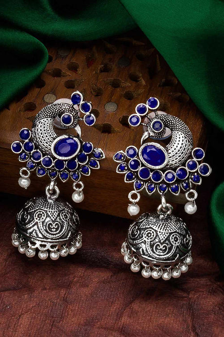 Buy Women's Oxidized Jhumka Earrings in Silver and Blue
