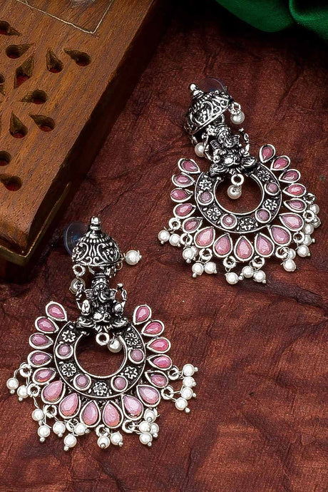 Buy Women's Oxidized Large Dangle Earrings in Silver and Pink