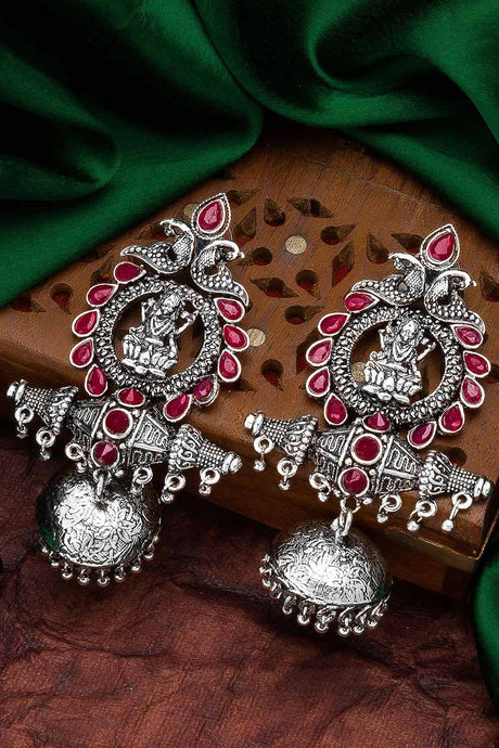 Buy Women's Oxidized Jhumka Earrings in Silver and Red