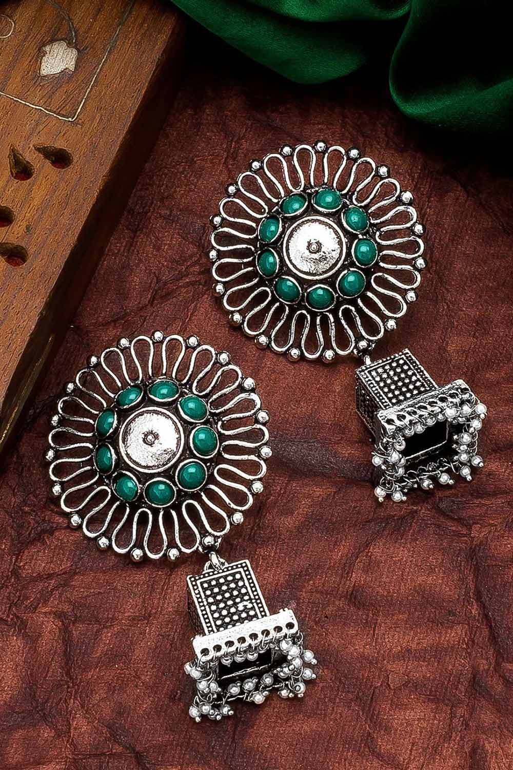 Buy Women's Oxidized Jhumka Earrings in Silver and Green