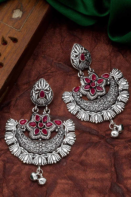 Buy Women's Oxidized Chandbali Earrings in Silver and Red