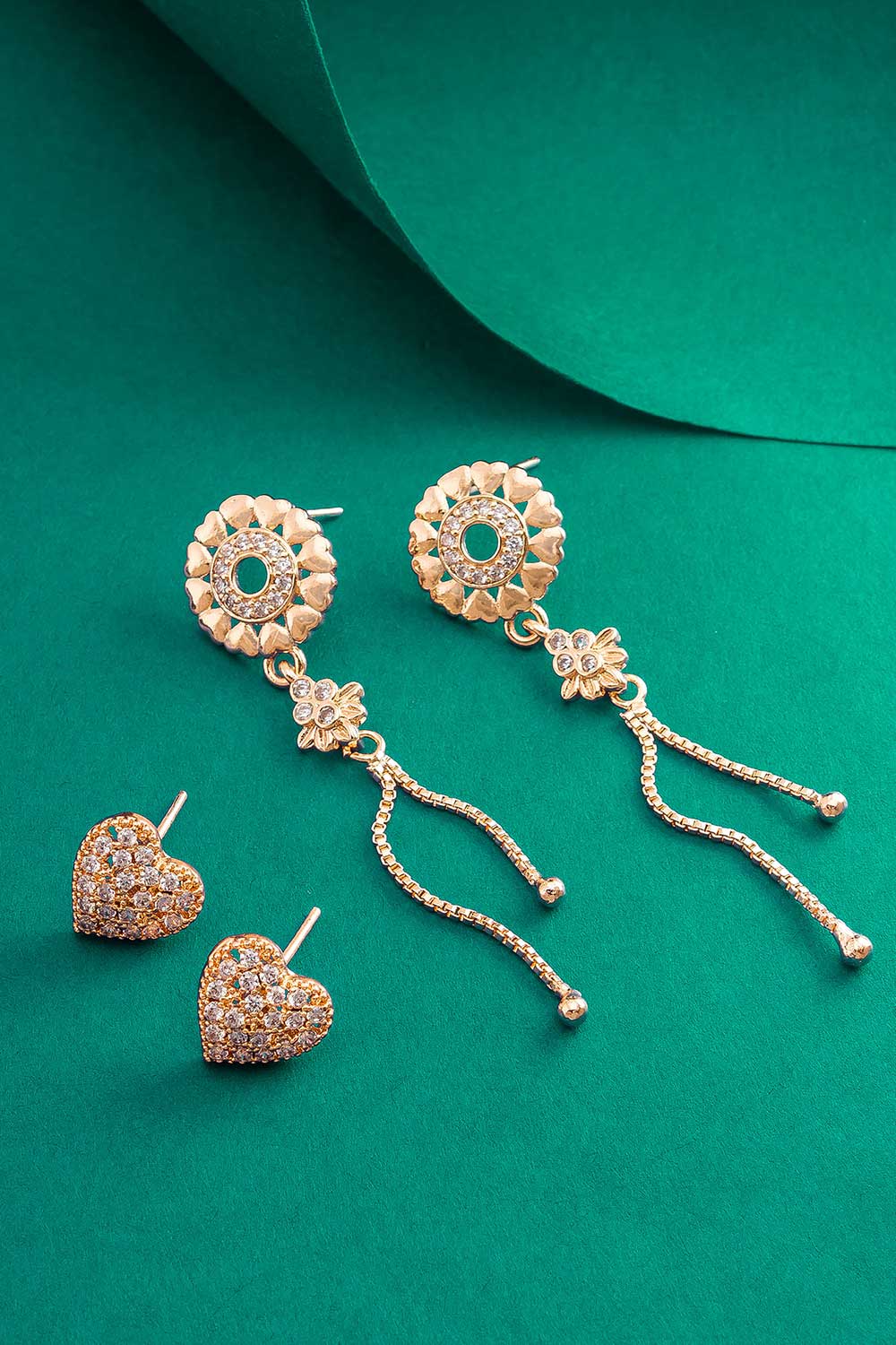 Rose Gold American Diamond Earrings Combo Of Studs And Drop Earrings