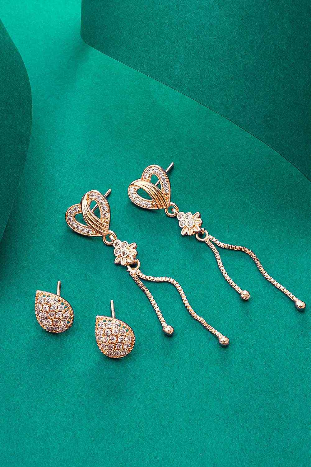 Rose Gold American Diamond Earrings Combo Of Studs And Drop Earrings