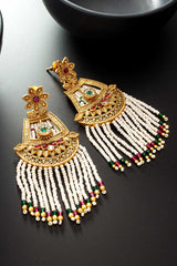 Gold Plated Stone Studded And Beaded Drop Earrings