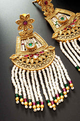 Gold Plated Stone Studded And Beaded Drop Earrings