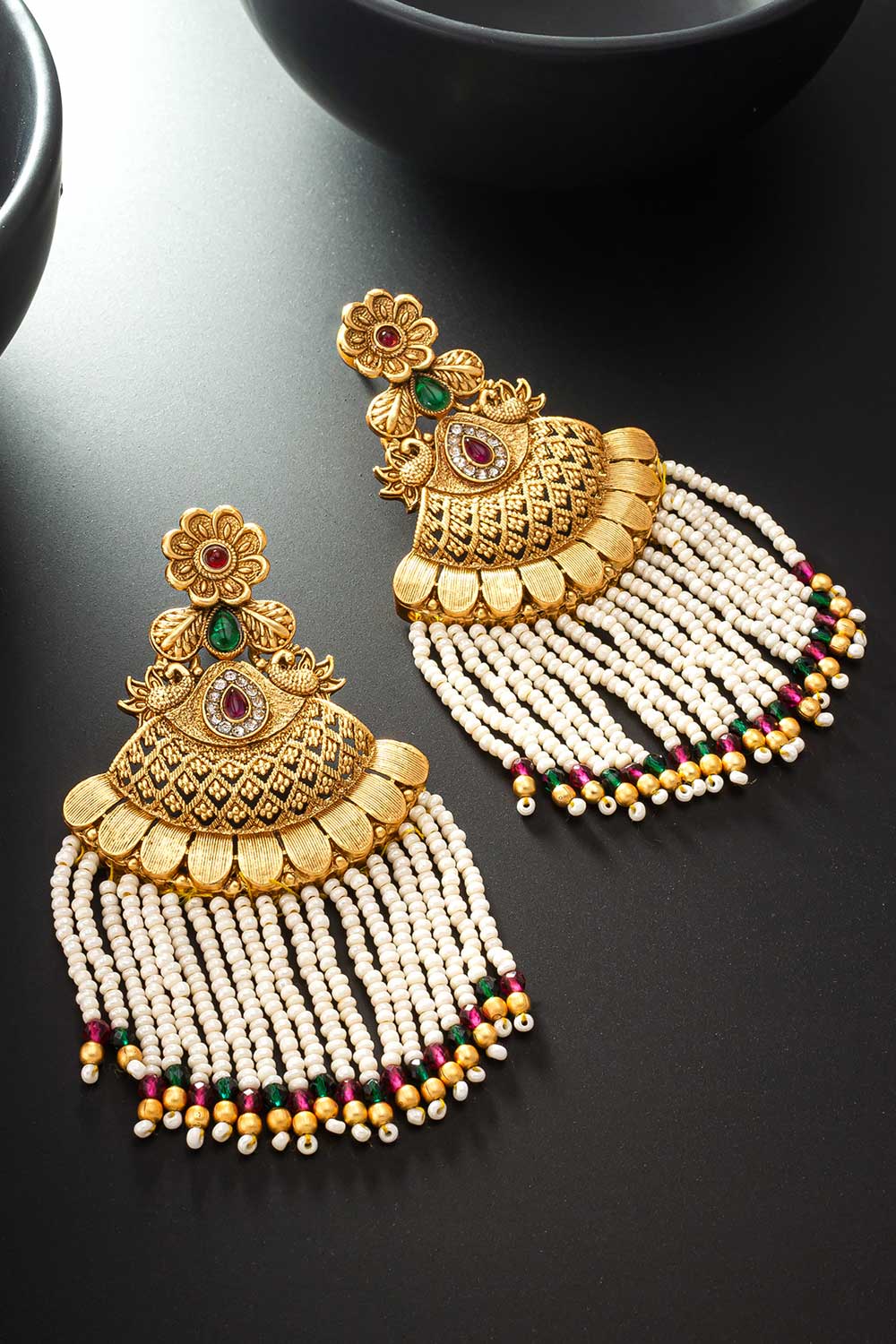 Gold Plated Stone Studded And Beaded Drop Earrings