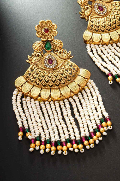 Gold Plated Stone Studded And Beaded Drop Earrings