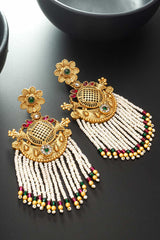 Gold Plated Stone Studded And Beaded Drop Earrings