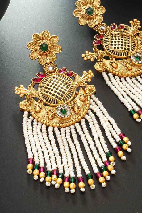 Gold Plated Stone Studded And Beaded Drop Earrings