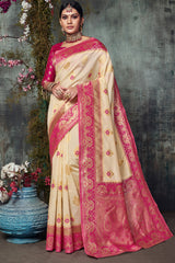 Jacquard Zari Saree In Off White And Pink