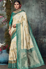 Jacquard Zari Saree In Off White And Blue