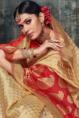 Jacquard Zari Saree In Beige And Red