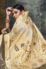 Jacquard Zari Saree In Off White And Navy Blue