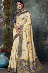 Jacquard Zari Saree In Off White And Navy Blue