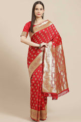 Red Silk Blend Floral Woven Design Dharmavaram Saree