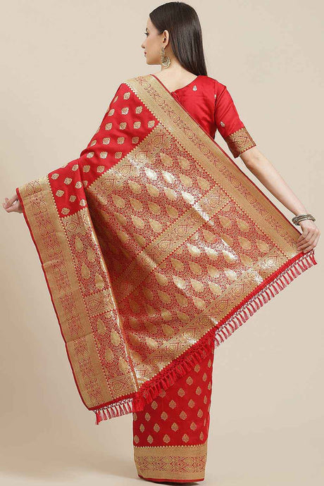Red Silk Blend Floral Woven Design Dharmavaram Saree