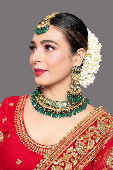 Green Gold Tone Kundan Enameled  Necklace Sets With Maang Tikka