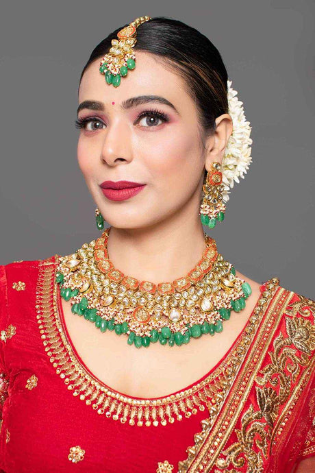 Green Red Gold Toned Handcrafted Kundan Necklace Sets With Maang Tikka