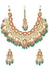 Green Red Gold Toned Handcrafted Kundan Necklace Sets With Maang Tikka