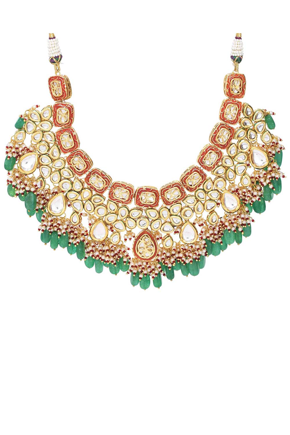 Green Red Gold Toned Handcrafted Kundan Necklace Sets With Maang Tikka