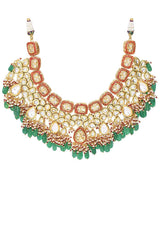 Green Red Gold Toned Handcrafted Kundan Necklace Sets With Maang Tikka