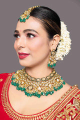 Green Gold Tone Kundan Enameled  Necklace Sets With Maang Tikka